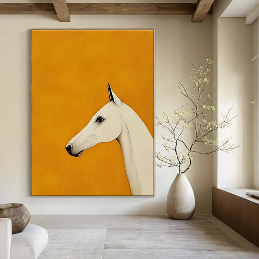 White Horse on Orange Background Art for Equestrian Home Hallway & Modern Art Studio STSC1063