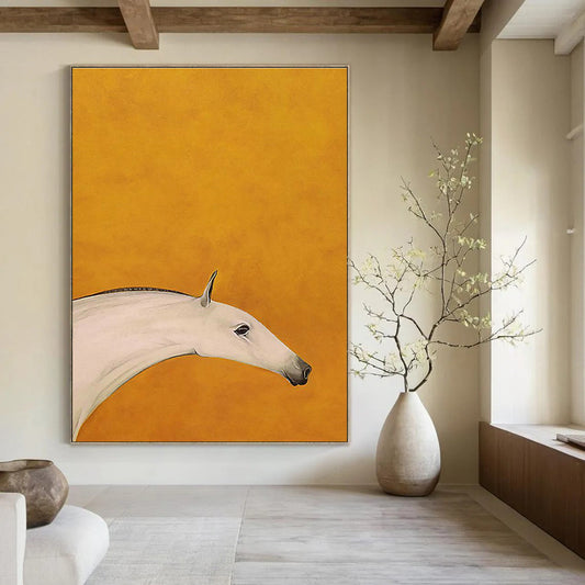 White Horse on Yellow Art for Equestrian Estate Living Room & Art - Elegant Home DLZ2127