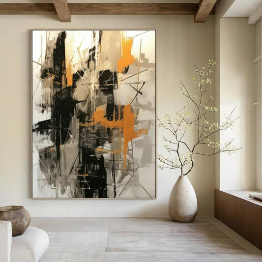 Black - White - Orange Abstract Art for Industrial - Chic Café & Edgy Home Studio DLZ1703