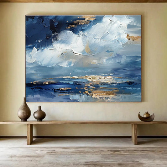 Impasto Blue - Gold Cloud Art for Serene Home Office Focus DLZ3068