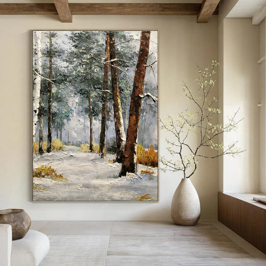 Snowy Forest Oil Painting for Chalet Bedroom & Winter Lodge Lounge DLZ1281