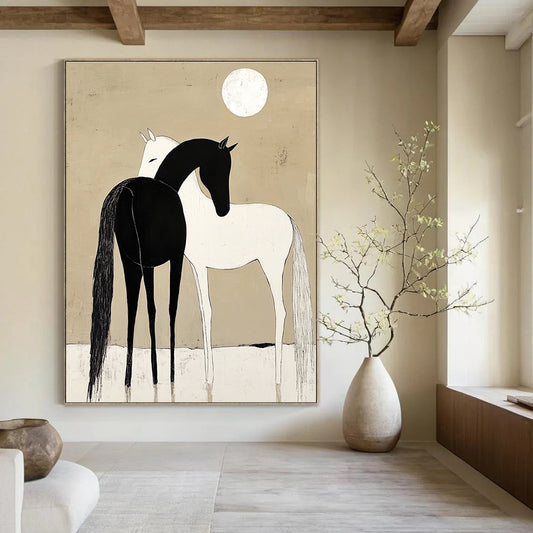 Black and White Horses Under Moon for Minimalist Bedroom & Spiritual Retreat Center STSC915