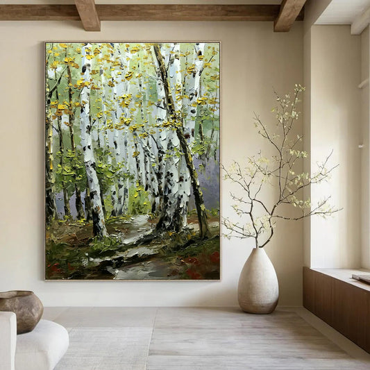 Birch Forest Path Oil Painting for Rustic Cottage Living Room & Nature Lover’s Retreat DLZ0850