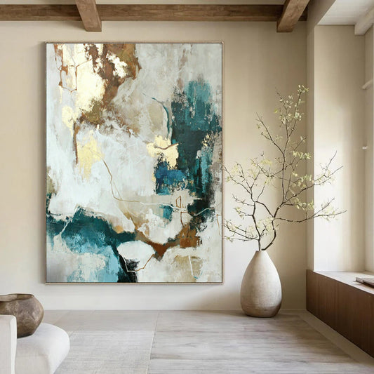 Modern White - Gold - Teal Abstract Art for Living Room & Dining Room DLZ0397