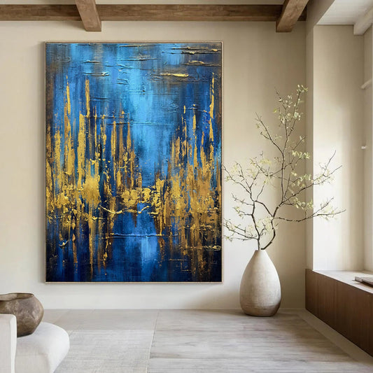 Blue and Gold Vertical Lines Art for Contemporary Office & Chic Boutique DLZ0743