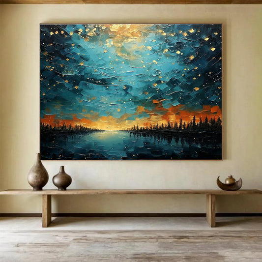 Starry Night Lake Landscape Art for Cosy Cabin Getaways DLZ3090