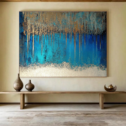 Blue and Gold Drip Art for Luxury Bathroom & Upscale Hotel Lobby SC346