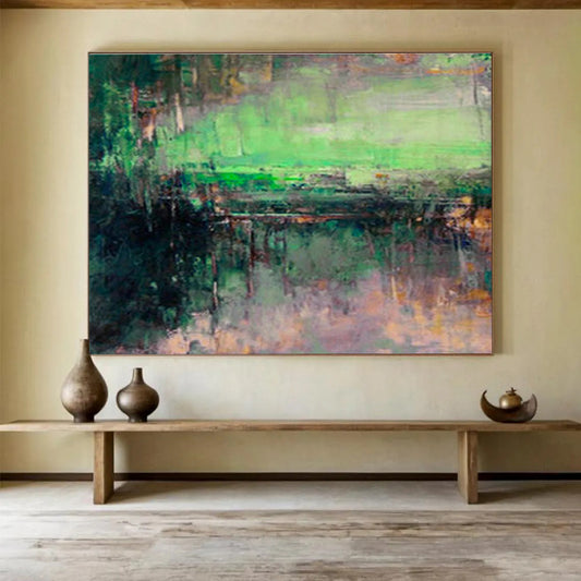 Green - Toned Lakeside Abstract Art for Serene Reading Nook DLZ2779