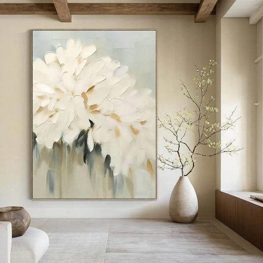 White Floral Textured Painting for Elegant Bedroom & Charming Café DLZ0861