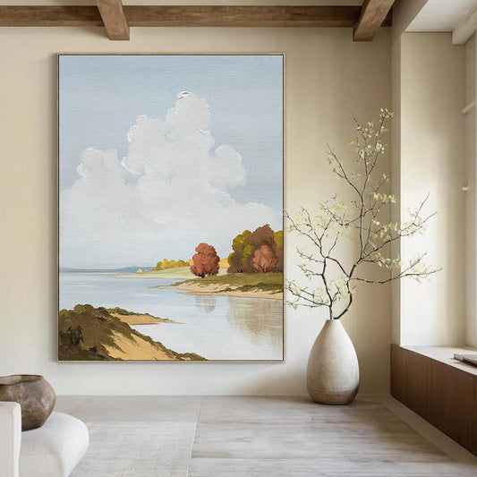 Riverbank Cloudscape Art for Lakeside Home Study & Serene Spa DLZ2136