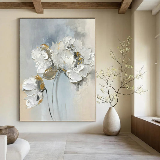 Gray - White Floral Oil Painting for Elegant Bedroom & High - End Boutique DLZ1588
