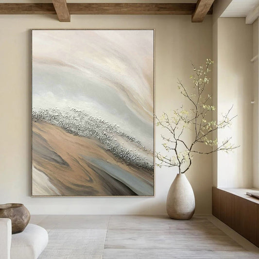 Beige - Silver - Gold Wave Abstract Art for Coastal Home & Beachfront Restaurant DLZ1235