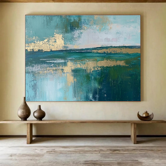 Teal Coastal Abstract Art for Beach - Themed Boutique Hotel Room & Artistic Coastal Café SC115
