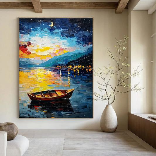 Colorful Night Lake with Boat for Lakeside Lodge & Romantic Dining Room STSC1132