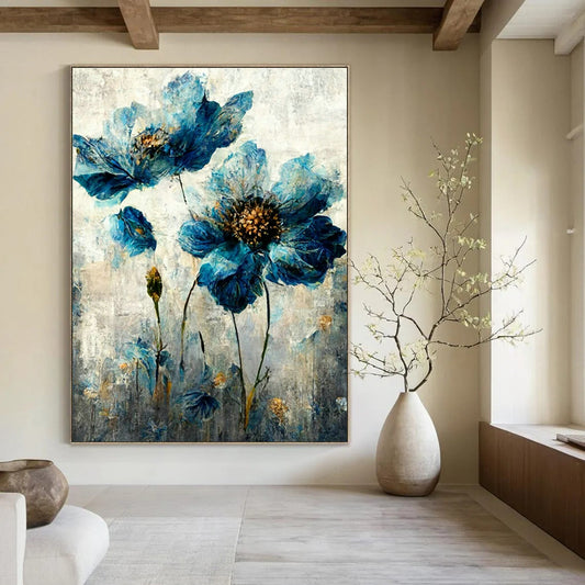 Blue Floral Oil Painting for Elegant Bedroom & Floral - Themed Café DLZ1820