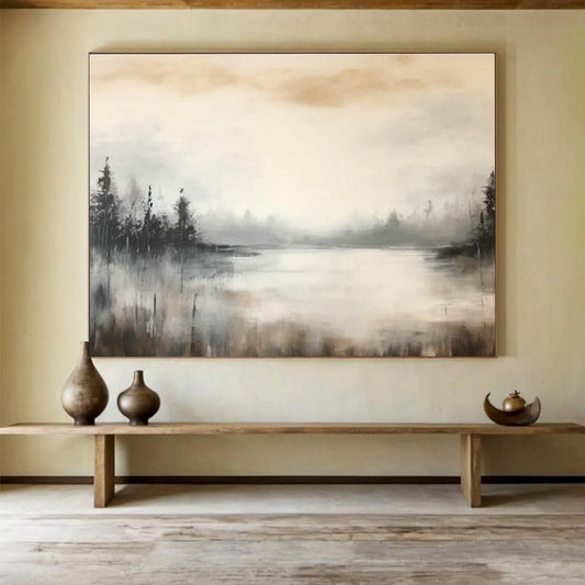 Misty Forest Lake Abstract Art for Serene Bedroom Retreat DLZ2713