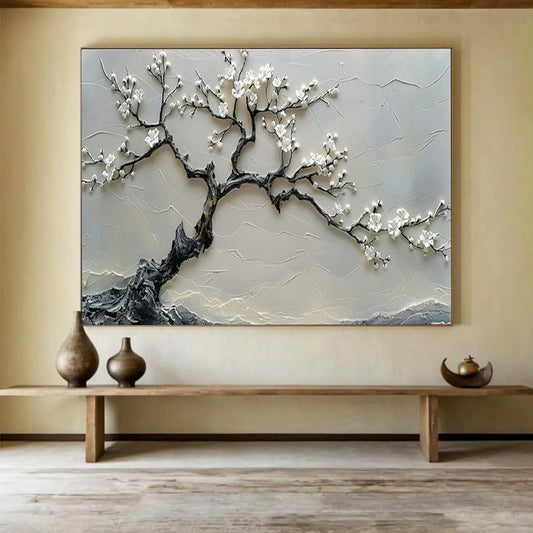 Textured White Blossom Tree Relief Art for Zen - Inspired Entryways DLZ3079