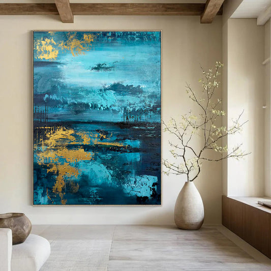 Blue and Gold Waterscape Art for Luxury Living Room & Elegant Hotel Lobby DLZ0740