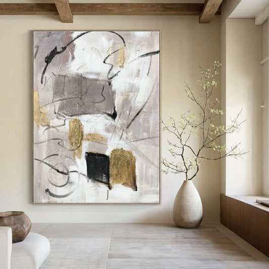 Gray - Gold Abstract Painting for Modern Minimalist Office & Luxury Hotel Suite DLZ1292