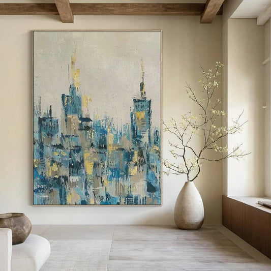 Blue - Gold Cityscape Abstract Art for Urban - Themed Bar & Metropolitan Home DLZ0778
