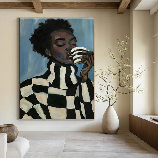 Black - White Checkered Figure Drinking Art for Café Corner & Modern Kitchen DLZ0701