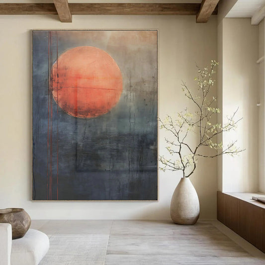 Red Moon on Gray Abstract Art for Bohemian - Inspired Lounge & Mystical Bookstore DLZ0747