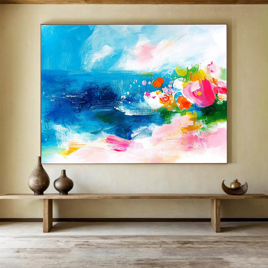 Blue Sea and Colorful Flowers Art for Bohemian Living Room & Garden - Themed Restaurant SC363