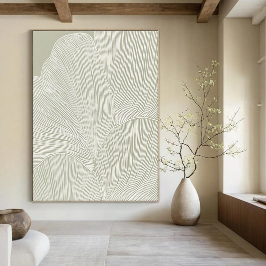 Line - Drawn Leaves on Green Minimalist Botanical Art for Scandinavian - Style Home & Calm Home Office STSC1483