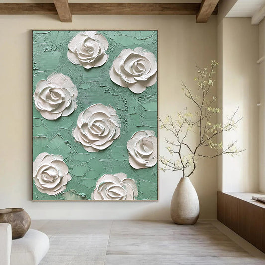 Textured White Roses on Green Art for Romantic Bedroom & Floral - Themed Café STSC1350