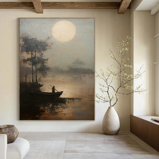 Moonlit Boat Oil Painting for Coastal Bedroom & Zen Meditation Space DLZ0851