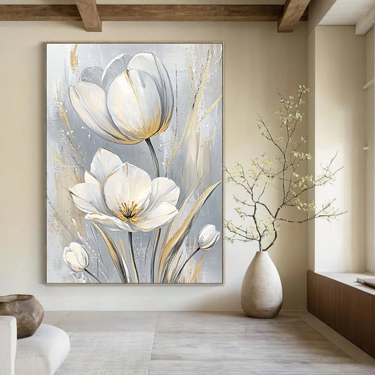 White Tulips with Gold Elegant Floral Art for Luxury Hotel Suite & Sophisticated Home Dining Room STSC1480