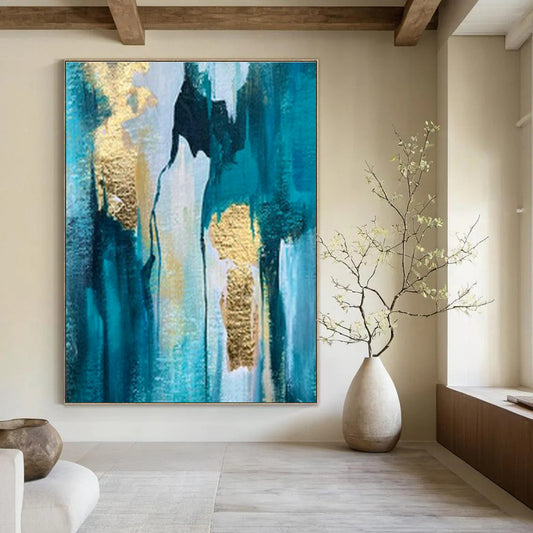 Blue - Gold Abstract Art for High - End Spa & Luxury Home Office DLZ1904