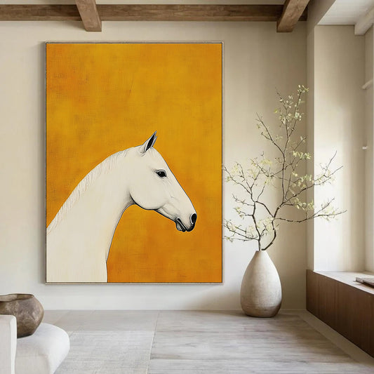 White Horse on Orange Art for Equestrian Home & Modern Art Gallery STSC1090