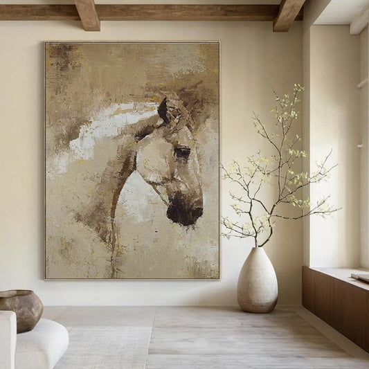 Brown and White Horse Head Oil Painting for Equestrian Club & Rustic Living Room DLZ1971