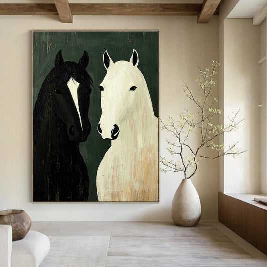 Black and White Horses Art for Rustic Farmhouse Living Room & Equestrian Club Lounge DLZ1010