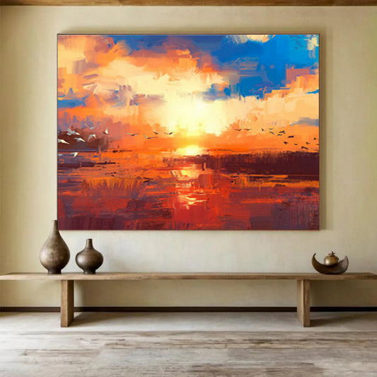Orange - Blue Sunset with Birds Art for Serene Garden Room DLZ2771