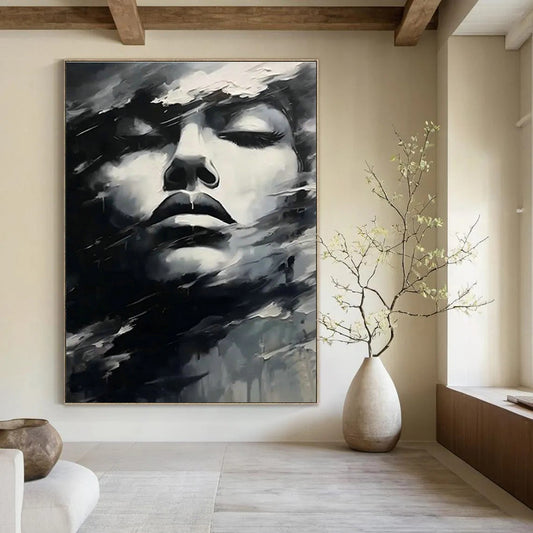 Black and White Abstract Face Art for Modern Art Gallery & Edgy Home Office DLZ1543