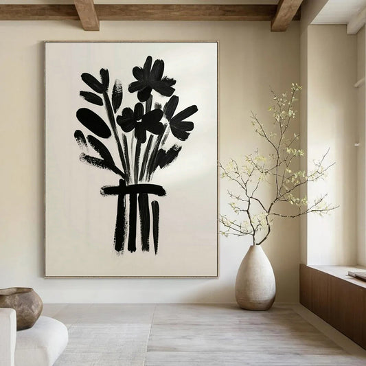 Black Floral Bouquet Art for Modern Minimalist Home & Monochrome Café DLZ0691