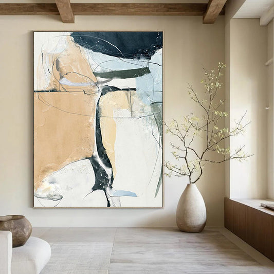 Beige and Blue Abstract Lines Art for Minimalist Living Room & Creative Studio DLZ2223