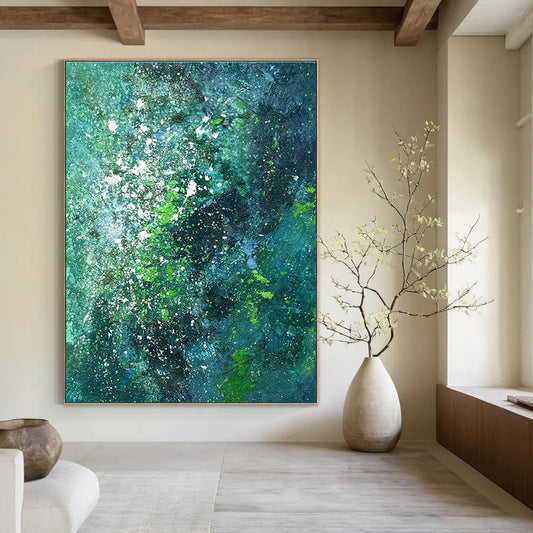 Blue and Green Splatter Abstract Art for Coastal Restaurant & Bohemian Home Bedroom DLZ1593