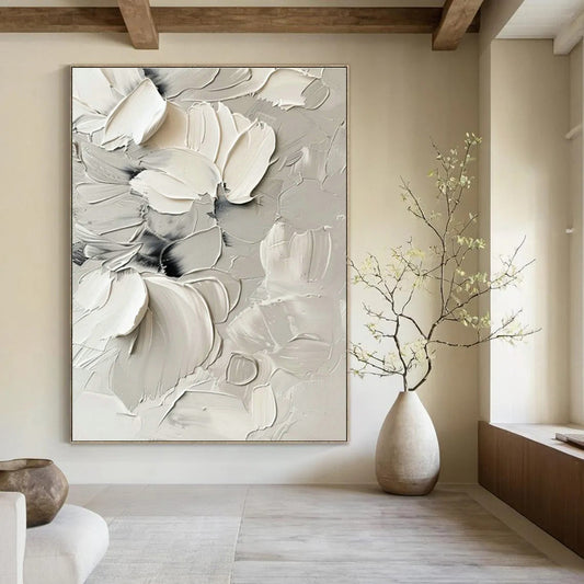 White Floral Textured Abstract Art for Romantic Wedding Venue & Feminine Home Bedroom DLZ0828