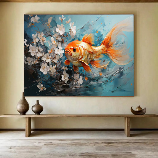 Goldfish & White Flowers Art for Asian - Inspired Tea House Interiors DLZ3148