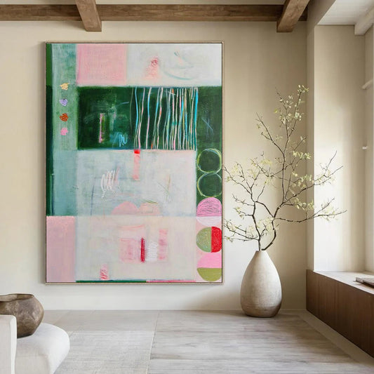 Pink - Green Geometric Art for Eco - Friendly Café Walls DLZ0145