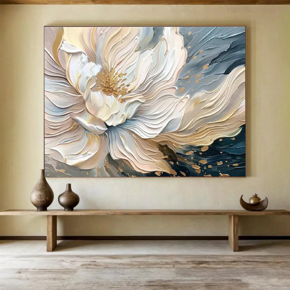Gold - Accented White Flower Relief Art for Luxe Bedroom Retreats DLZ3087