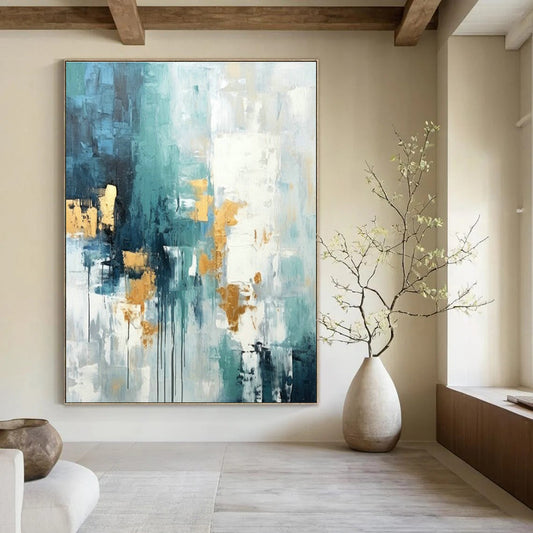 Blue - Gold Abstract Art for Coastal Luxury Home & High - End Art Lounge DLZ1936