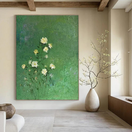 Yellow Flowers on Green Oil Painting for Dining Room & Garden Café DLZ0587