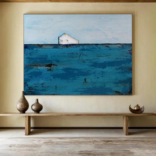 Lonely House in Sea Oil Painting for Coastal Home Entryway Corners DLZ2601