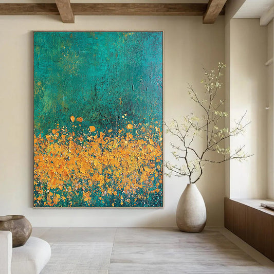 Yellow Flowers on Teal Art for Garden - Themed Café & Nature Lover’s Bedroom STSC1110