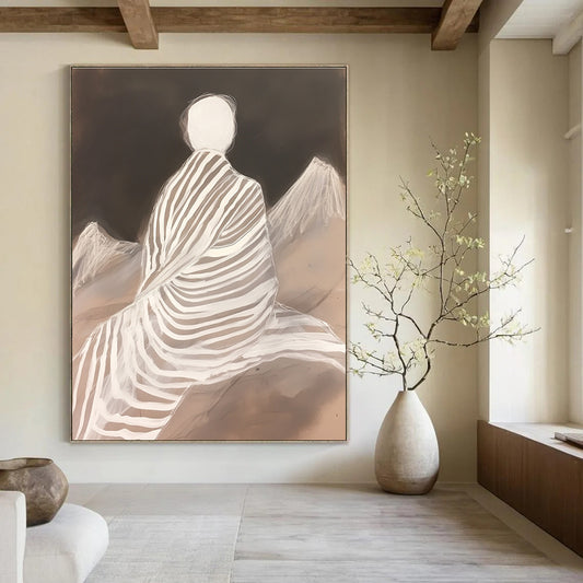White - Clad Figure with Stripes for Zen Meditation Room & Contemporary Home Library STSC1292