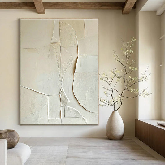 White Geometric Abstract Relief Art for Scandinavian Bedroom & Modern Art Gallery DLZ1321